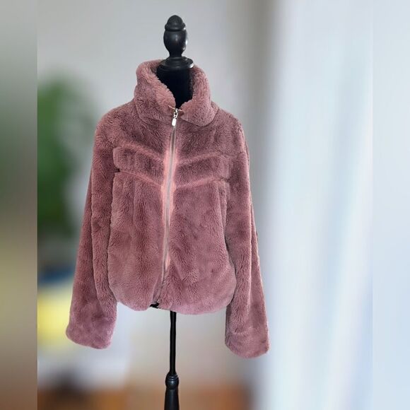 Anthropologie Faux Fur Jacket Teddy Bomber Chevron Detail Size L - Picture 6 of 16